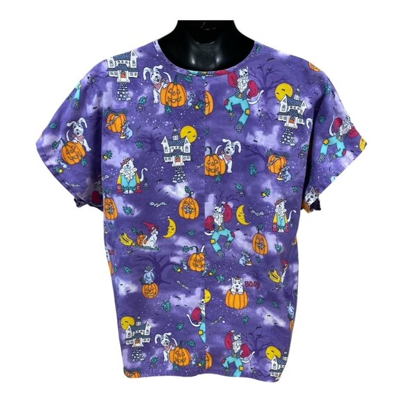 Vintage Simply Basic Size 2XL Purple Halloween Scrub Top Cats Haunted House Moon - Picture 4 of 4